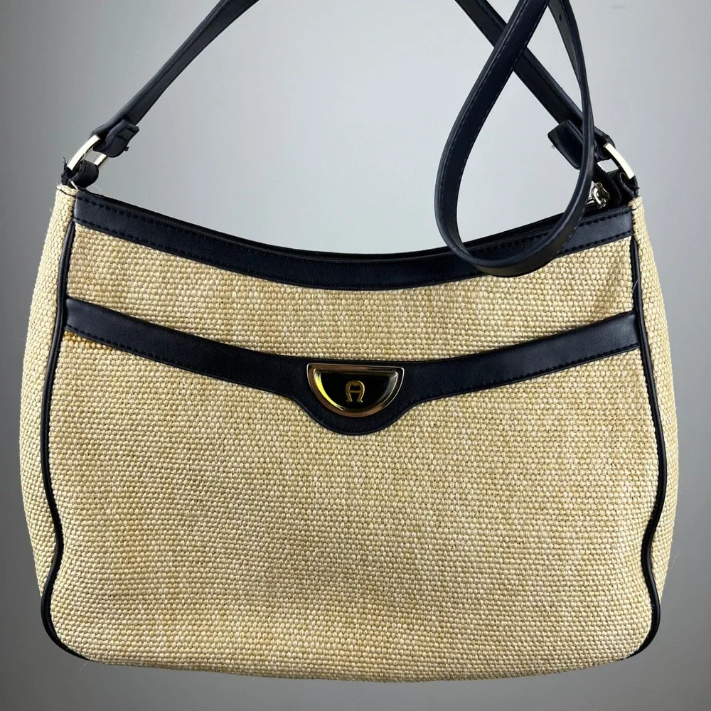 Etienne Aigner Shoulder Bag Small Beige Black Jute Woven Straw Good